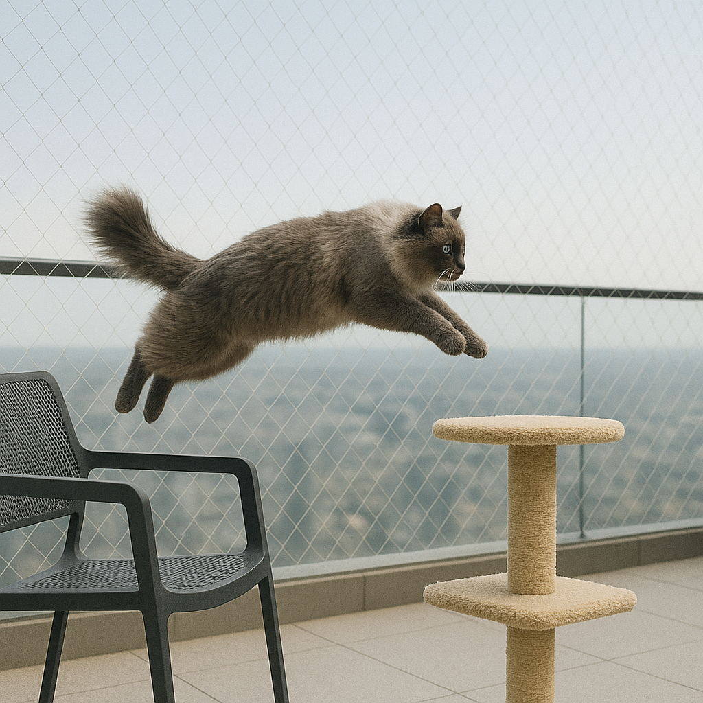 Gato en un balcón seguro con una red
